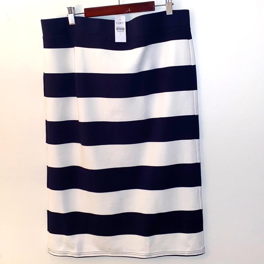 Loft Striped Pull On Midi Skirt, Navy, SZ L